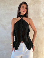 High-Neck Multi-Layer Ruffle Tee - Sophistication in Every Layer.