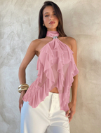 High-Neck Multi-Layer Ruffle Tee - Sophistication in Every Layer.