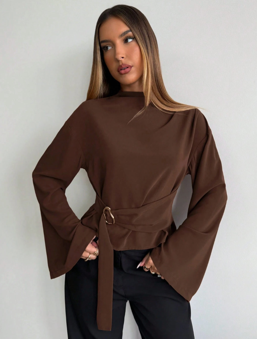 Espresso Bell-Sleeve Blouse - Rich Tones. Dramatic Sleeves. Pure Sophistication.
